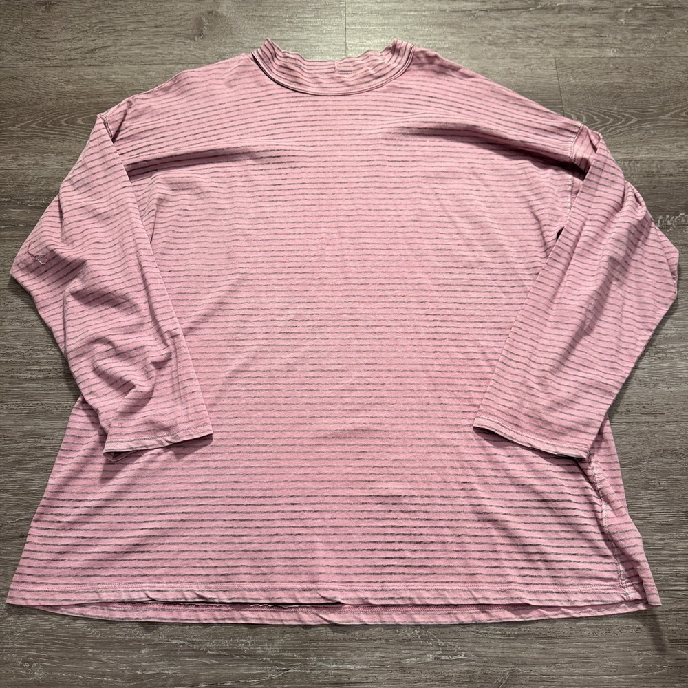 We The Free People Shirt Womens Large Pink Black Stripe Long Sleeve Tee Crew